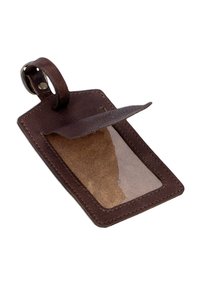 Brown leather luggage tag with clear plastic window and a flap covering the window, attached to a strap with metal buckle.