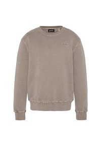 Grå bomuldscrewneck sweatshirt med ribbede manchetter og kant, har et diskret logo på brystet og en blød, børstet tekstur.