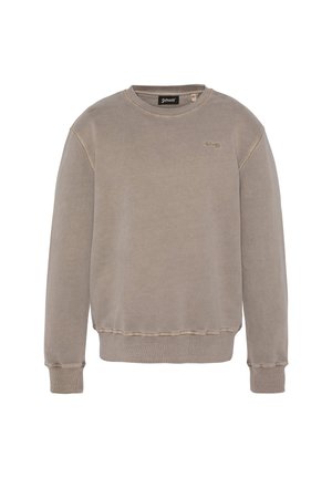 Grå bomuldscrewneck sweatshirt med ribbede manchetter og kant, har et diskret logo på brystet og en blød, børstet tekstur.