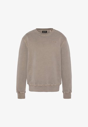 Sudadera gris de algodón con cuello redondo, con puños y dobladillo acanalados. Presenta un logo sutil en el pecho y una textura suave y cepillada.