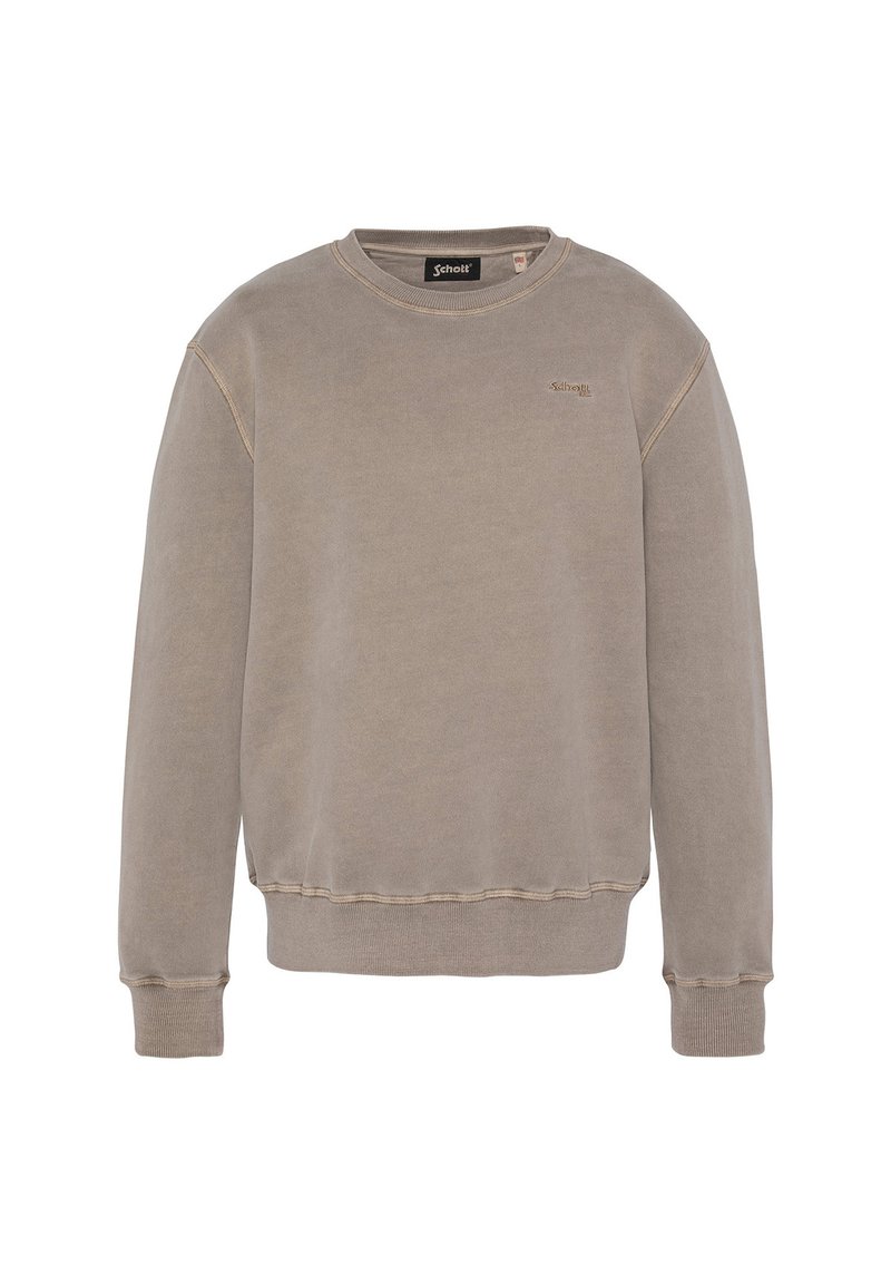 Grå bomuldscrewneck sweatshirt med ribbede manchetter og kant, har et diskret logo på brystet og en blød, børstet tekstur.