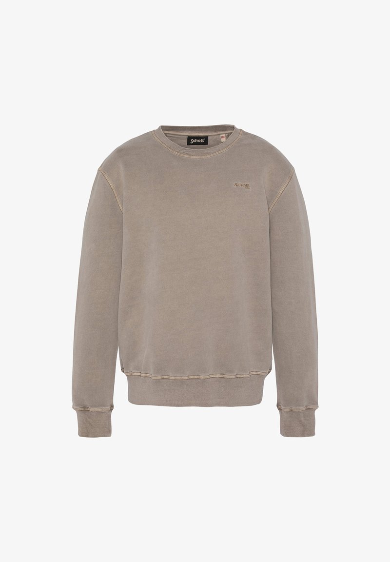 Grijze katoenen sweatshirt met ronde hals, voorzien van geribde manchetten en onderrand, heeft een subtiel logo op de borst en een zachte, geborstelde textuur.