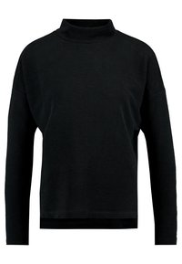 Sweat-shirt noir à manches longues avec col montant, texture côtelée, coupe ample et ourlet droit. Conçu avec des épaules tombantes pour plus de confort.