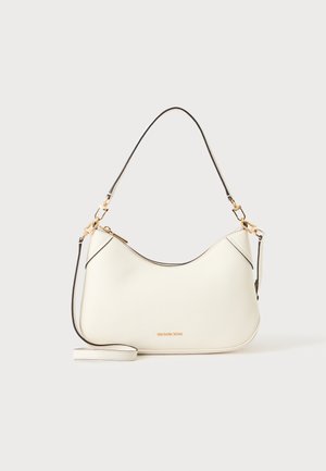 Hvid skuldertaske i læder med guldfarvet hardware, sort kant og aftagelig rem. Michael Kors-logo i guld nederst i midten.