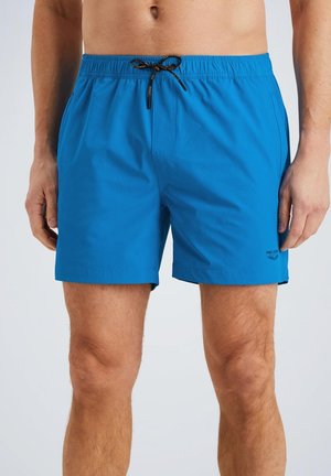 Blauwe zwembroek gemaakt van lichtgewicht materiaal met een elastische tailleband en verstelbaar trekkoord. Beschikt over zijzakken en een minimalistisch ontwerp.