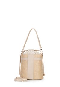 Borsa a secchiello con corpo in tessuto beige testurizzato e dettagli in pelle beige liscia. Chiusura superiore con cordoncino e tracolla regolabile inclusa.