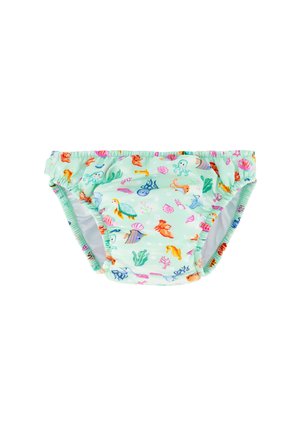 Pañal de baño reutilizable para niños con fondo verde claro y estampados coloridos de animales marinos que incluyen tortugas, peces, pulpos y cangrejos.