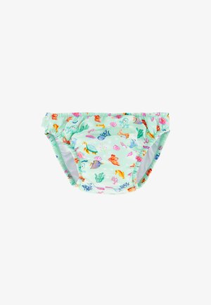 Pañal de baño reutilizable para niños con fondo verde claro y estampados coloridos de animales marinos que incluyen tortugas, peces, pulpos y cangrejos.