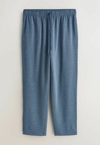 Pantalon de jogging bleu à taille élastique avec cordon de serrage et poches latérales, jambes droites, présenté à plat sur un fond clair.