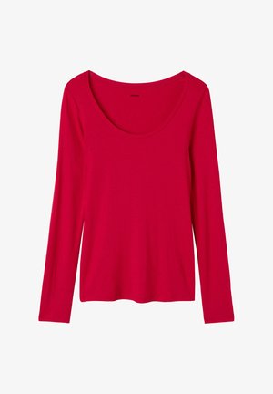 Rode longsleeve shirt met een brede ronde halslijn en een gladde, rekbare stof. Eenvoudig ontwerp zonder verdere patronen of accenten.