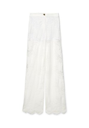 White wide-leg lace pants with scalloped hems and a button closure at the waistband, displayed flat on a white background.