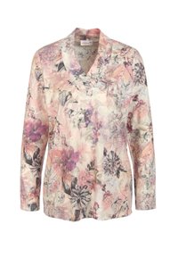 Blumenmuster-Bluse mit langen Ärmeln in sanften Rosa- und Lilatönen, V-Ausschnitt-Design und leichtem Stoff mit detaillierten botanischen Illustrationen.