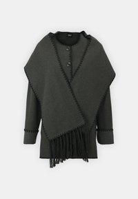 Poncho di lana grigio scuro con scollatura tonda, due bottoni neri, bordi ondulati e orlo frangiato. Maniche lunghe con rifiniture decorative.