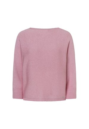 Lichtroze gebreide trui met een losse pasvorm, driekwartmouwen, geribde manchetten en een brede halslijn. Subtiele textuur door de hele stof.