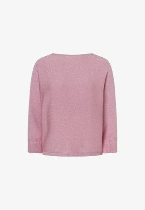 Lichtroze gebreide trui met een losse pasvorm, driekwartmouwen, geribde manchetten en een brede halslijn. Subtiele textuur door de hele stof.