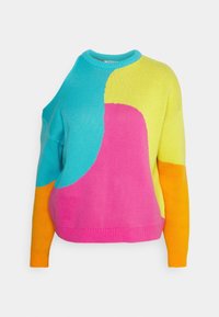 Pull en maille à manches longues avec des blocs de couleurs vives turquoise, jaune, rose et orange, doté d'un col rond et d'une coupe décontractée.