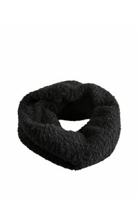 Black, textured infinity scarf made from a soft, fuzzy material. Features a continuous loop design without visible seams.