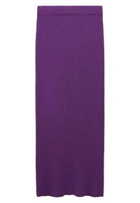Jupe droite tricotée violette, mi-longue, avec une ceinture repliée et un ourlet simple, présentée sur un fond blanc.