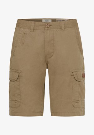 Kaki spalvos džinsiniai šortai, pagaminti iš medvilnės mišinio, su dviem šoninėmis kišenėmis, dviem priekinėmis kišenėmis ir mygtuko uždarymu.