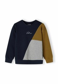 Tröja i marinblått, grått och senapsfärgat med abstrakt färgblockering. Har ribbad muddar, rund hals och broderad text "Vibes".