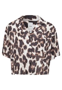Afkortet kortærmet skjorte i cream med brun leopardprint. Har en krave, knaplukning foran og en brystlomme.