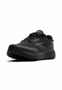 Black athletic shoe with a mesh upper, textured rubber sole, padded collar, and prominent lacing system. Features a logo on the side.