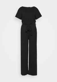 Combinaison noire à manches courtes, avec un col rond et une taille ceinturée. Confectionnée en tissu doux avec une coupe ample à jambes larges.