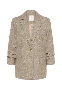 Bež houndstooth blazer z enim zlatim gumbom, sesterikim ovratnikom in dvema sprednjima žepoma. Izdelan iz teksturirane tkanine z podloženim notranjim delom.