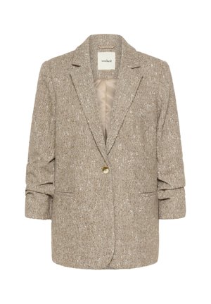 Blazer beige en pied-de-poule avec un bouton doré unique, col cranté et deux poches avant. Confectionné en tissu texturé avec un intérieur doublé.