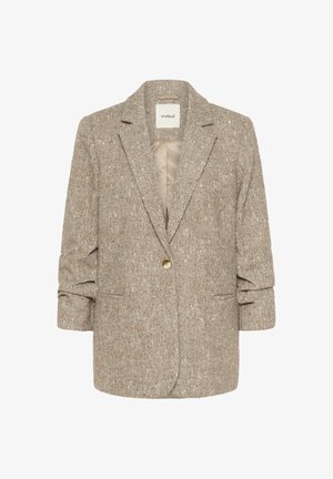 Beige houndstooth blazer with a single gold button, notched collar, and two front pockets. Crafted from textured fabric with a lined interior.
