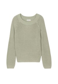 Pull en maille vert clair avec un col rond, des manches longues et des boutons décoratifs aux épaules. Texture douce et coupe décontractée.