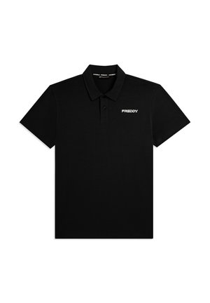 Polo negro de manga corta con cuello y tapeta de dos botones, con el logotipo blanco "FREDDY" en el pecho izquierdo.