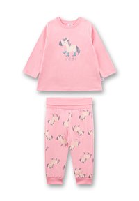 Rosafarbenes zweiteiliges Schlafanzug-Set bestehend aus einem Langarmoberteil mit einem Zebra-Graphic und passenden Hosen mit einem Zebra-Muster. Aus weichem Baumwollmaterial.