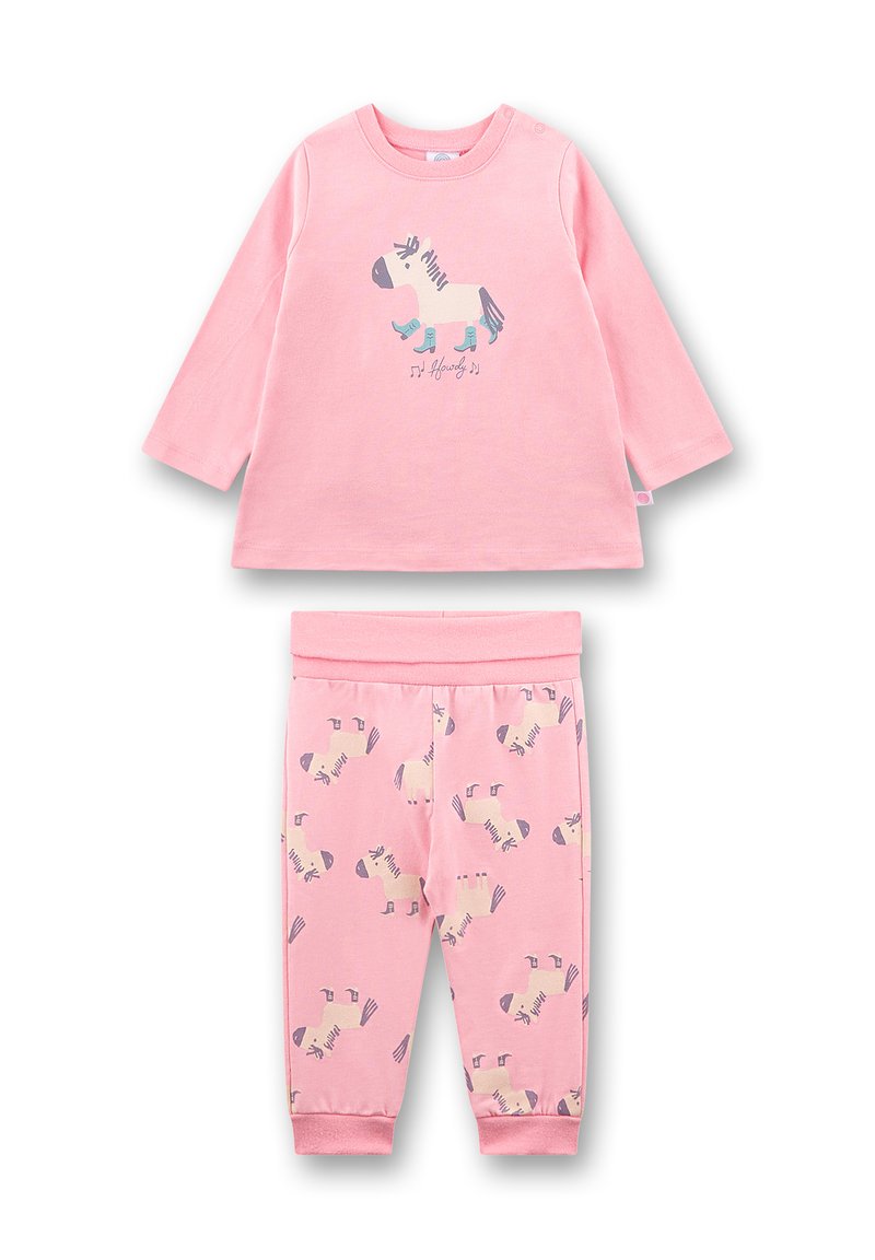 Rosafarbenes zweiteiliges Schlafanzug-Set bestehend aus einem Langarmoberteil mit einem Zebra-Graphic und passenden Hosen mit einem Zebra-Muster. Aus weichem Baumwollmaterial.