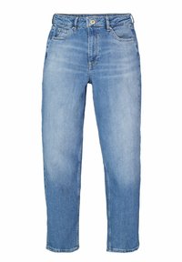 Lichtblauwe spijkerbroek met een rechte snit, vijf zakken en een knoopsluiting. Heeft vervaagde plekken en zichtbare stiksels.