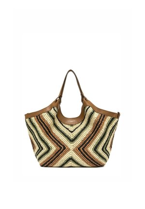 Borsa tote con motivo a zigzag intrecciato in beige, marrone e verde oliva, con manici e rifiniture in pelle marrone.