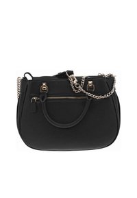 Borsa nera realizzata in pelle testurizzata con una forma rotonda, dotata di una tracolla in catena color oro e una tasca frontale con zip.