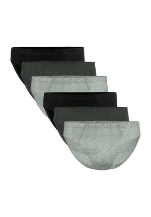 Sechs Herren-Slips im Brief-Stil, in versetztem Stapel angeordnet, mit abwechselnden schwarzen, dunkelgrauen und hellgrauen Farben.