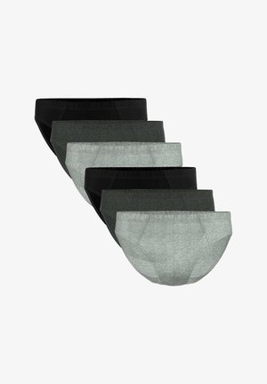 Seis calzoncillos tipo slip para hombre dispuestos en una pila escalonada, con colores alternos negro, gris oscuro y gris claro.