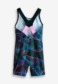 Strój kąpielowy z żywym, wielokolorowym wzorem abstrakcyjnym. Wykonany z elastycznego materiału, ma plecy w stylu racerback z akcentami w kolorze czarnym i różowym.