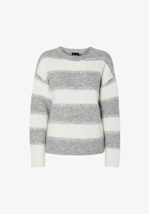 Grå og hvit stripete genser med rund hals, lange ermer og myk, lodden tekstur. Har ribbestrikkede mansjetter og midje.