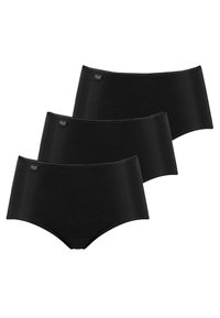 Drie paar hoge zwarte onderbroeken gemaakt van een gladde, rekbare stof. Kenmerkend zijn de subtiele stiksel en een klein logo-label op elke onderbroek.