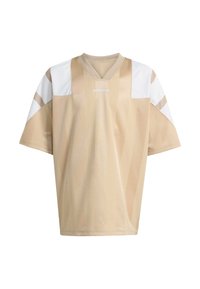 Béžový a biely športový dres Adidas s krátkymi rukávmi, výstrihom do V a jemnými vertikálnymi pruhmi.