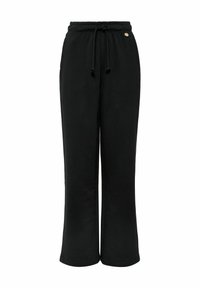 Czarne dresy wykonane z miękkiego materiału, z elastycznym pasem na sznurki, szerokimi nogawkami oraz małym metalowym akcentem z przodu.