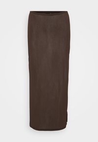 Brūna, līdz ceļgaliem garumā, pieguļoša svārku ar gludu tekstūru un nelielu spīdumu. Iezīmēta ar noapaļotu apakšmalu un diskrētu sānu izdobi, lai nodrošinātu ērtību kustībā.