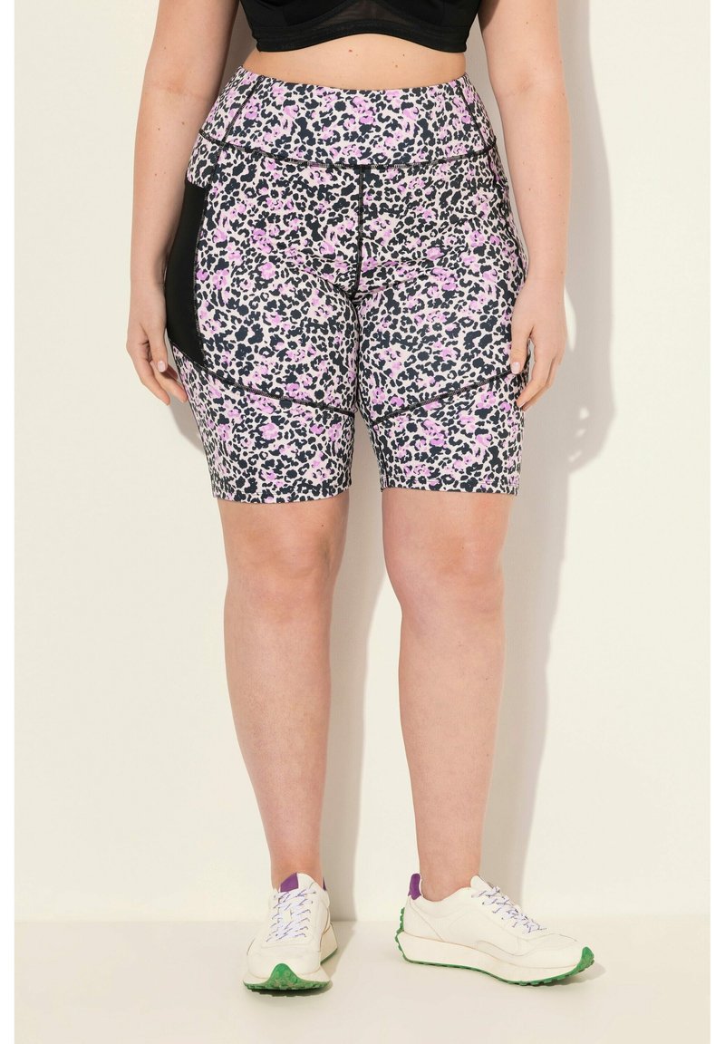 Bermudas de vélo taille haute en imprimé léopard noir, rose et violet avec une texture lisse. Comprend une poche latérale et des coutures contrastées.