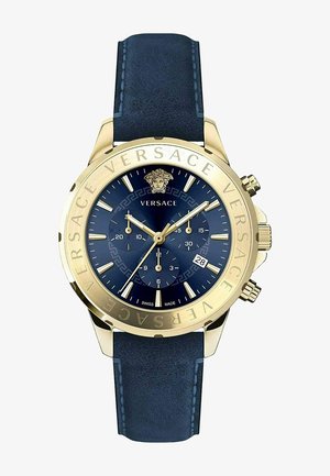 Versace chronograph watch with a gold-tone stainless steel case, navy leather strap, blue dial, and Greek key pattern. Features date display.