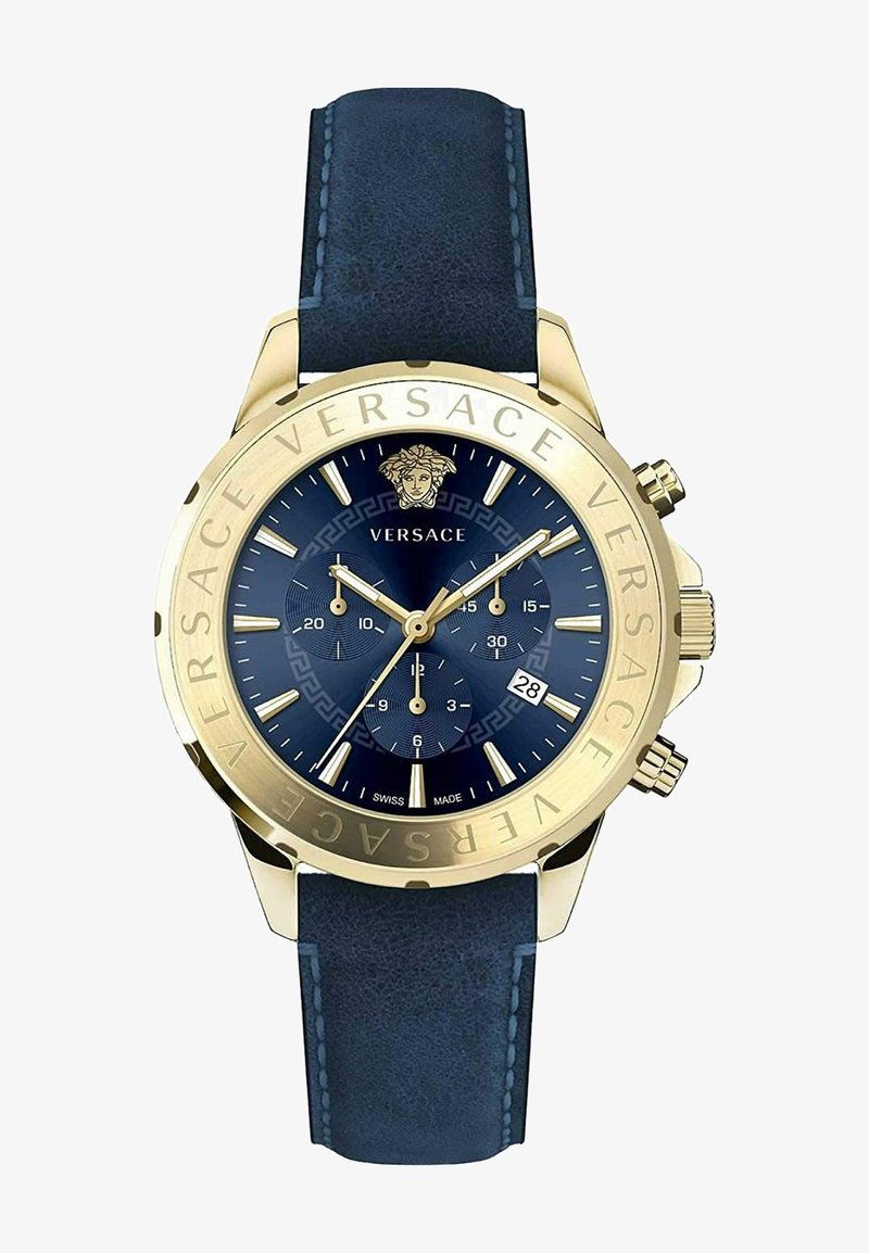 Versace chronograph watch with a gold-tone stainless steel case, navy leather strap, blue dial, and Greek key pattern. Features date display.