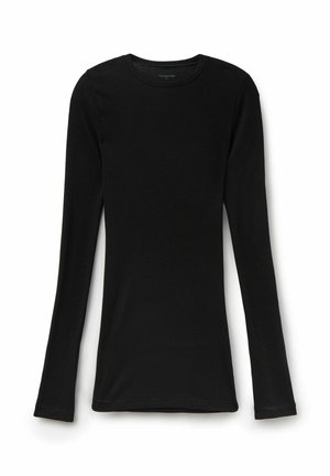 Chemise noire à manches longues côtelée, ajustée, avec encolure ronde, présentée à plat sur un fond blanc.