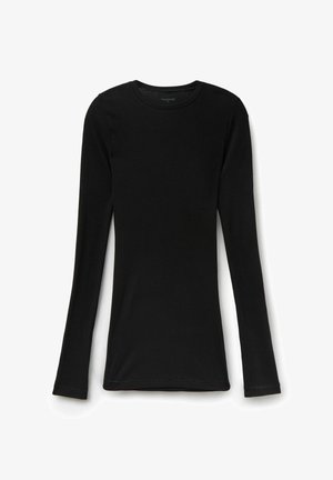 Chemise noire à manches longues côtelée, ajustée, avec encolure ronde, présentée à plat sur un fond blanc.